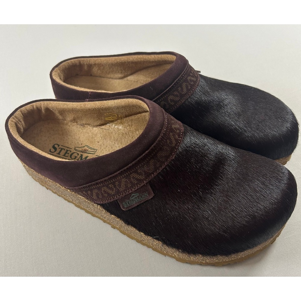 Stegmann Linz Clogs Womens 7 Brown Calf Hair Suede Cork Trim Slip On Portugal
